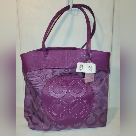 NWT Coach Julia Canvas w/Pebbled Leather Trim OpArt Perry Tote - PURPLE - Picture 1 of 7